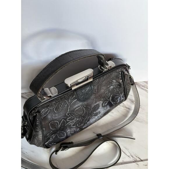 Gracchi Metallic Embossed Leather Satchel, Black Silver, Artsy Boho Doctor Bag - Picture 5 of 13